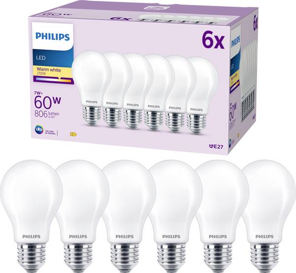 Philips LED 9290012430 LED EEK E (A - G) E27 Glühlampenform 7 W = 60 W Warmweiß (Ø x H) 50 mm x 106 mm 6 St.