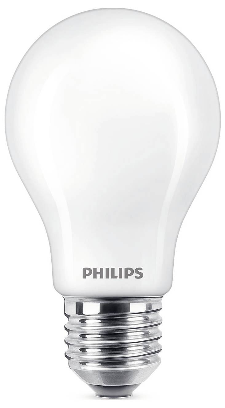 Eine weiße Glühbirne mit E27-Sockel, beschriftet mit 'Philips', auf weißem Hintergrund.