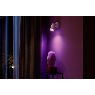 Ein weißer Scheinwerfer beleuchtet eine abstrakte Skulptur auf einem Tisch in einem Raum mit violettem Licht und Vorhang im Hintergrund.