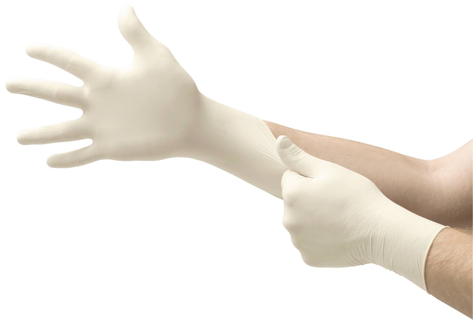 Eine Person zieht einen weißen Einweghandschuh über die rechte Hand. Dies deutet auf Vorbereitung für hygienische Arbeiten hin.