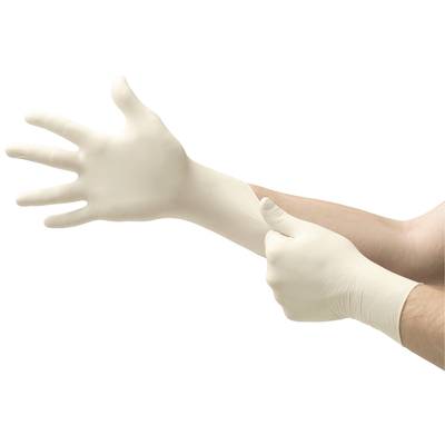 Eine Person zieht einen weißen Einweghandschuh über die rechte Hand. Dies deutet auf Vorbereitung für hygienische Arbeiten hin.