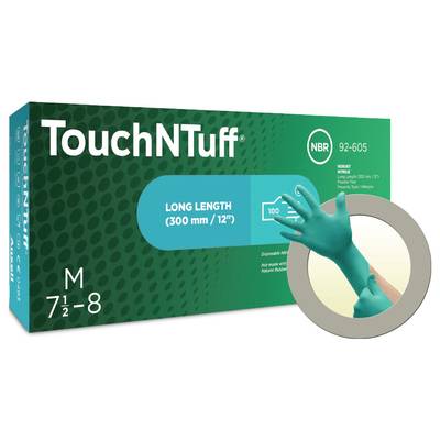 Verpackung grüner Handschuhe der Marke 'TouchNTuff', Größe M, 300 mm lang, NBR-Material. Ein Bild zeigt die Handschuhe angezogen.
