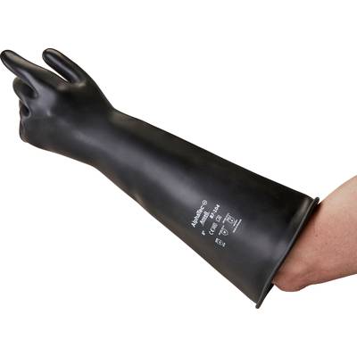Schwarzer, langer Gummihandschuh über dem Arm getragen, schützt vor Chemikalien.