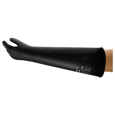 Langer schwarzer Schutzhandschuh, der einen Arm bis knapp über den Ellbogen bedeckt; aus gummiartigem Material für chemische Sicherheit.