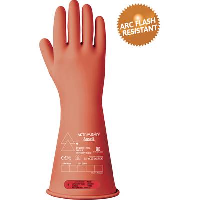 Orange Schutzhandschuh gegen Störlichtbogen, klassifiziert nach EN 60903. Handschriftzug 'ARC FLASH RESISTANT' oben rechts.