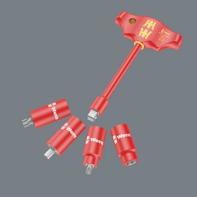 Roter Werkzeuggriff mit 'Wera'-Logo, mit fünf auswechselbaren Bits. Eines ist befestigt, vier liegen daneben. Entwickelt für Handwerksarbeiten.