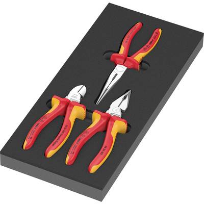 Ein Schaumstoff-Einsatz mit vier Handwerkzeugen: Flachzange, Schneidezange, Kombizange und Spitzzange, jeweils rot-gelb.