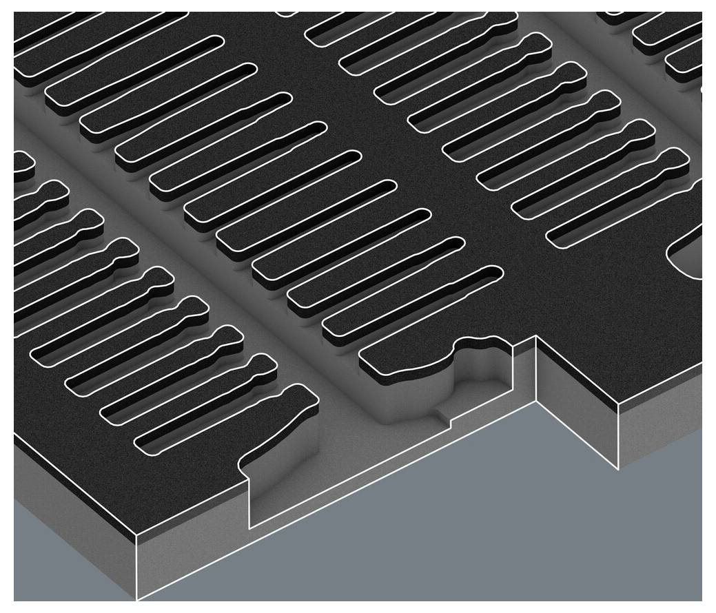 'Querschnitt eines Kühlkörperdesigns mit Lamellenstruktur zur Verbesserung der Wärmeableitung.'