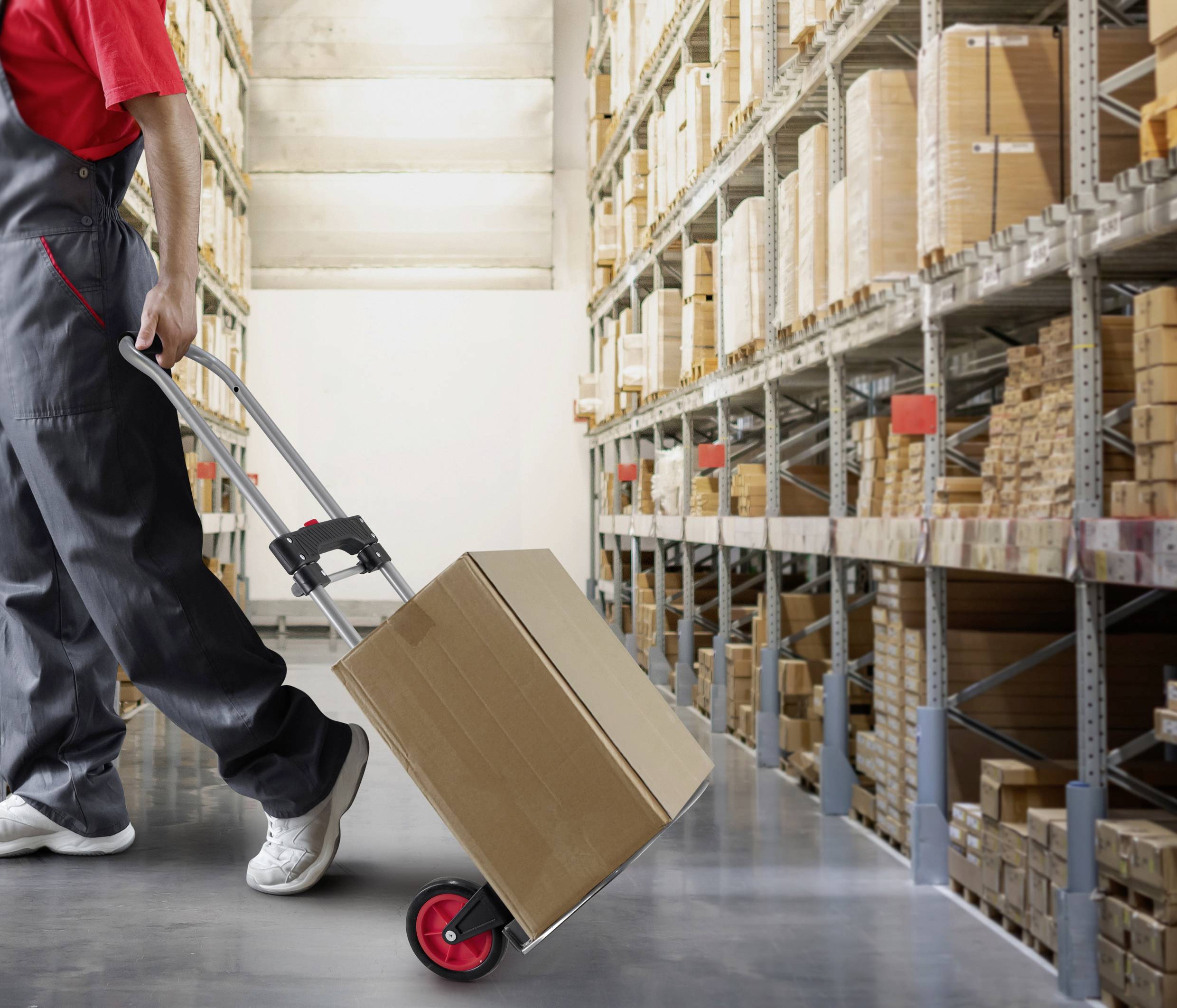 Eine Person transportiert mit einem Handwagen einen Karton in einem Lager. Regale mit vielen verschiedenen Kartons sind zu sehen.