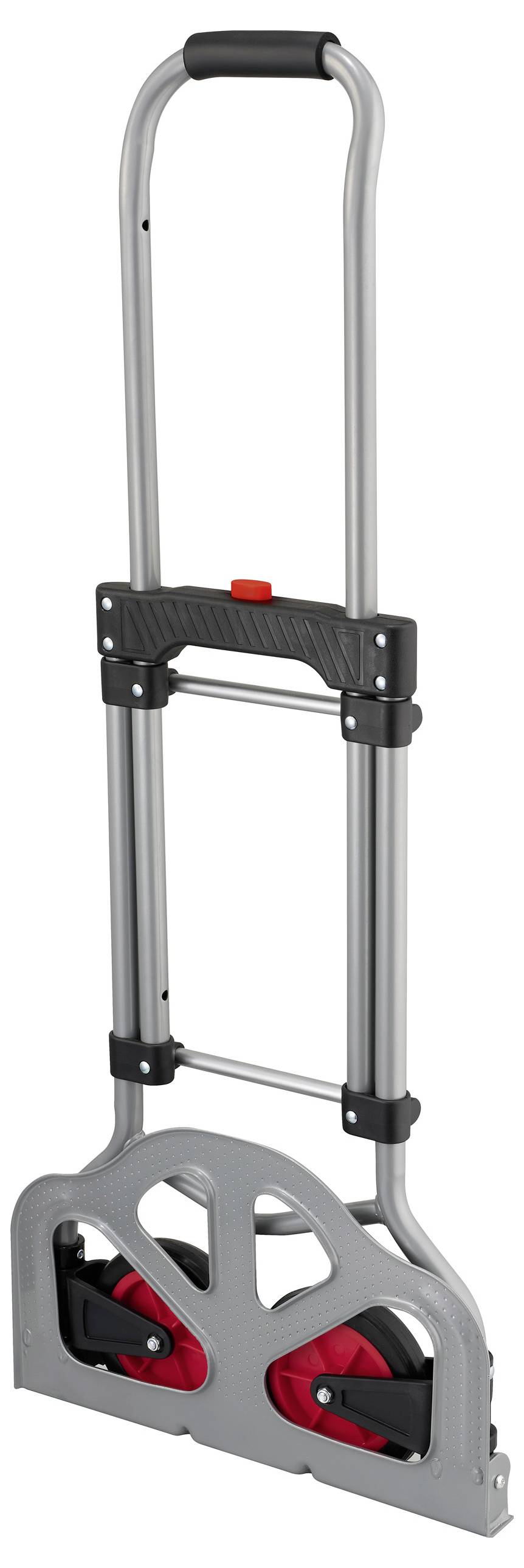 Kompakter, zusammenklappbarer Handwagen mit schwarzem Griff und roten Rädern, geeignet zum Transport von Kisten oder Lasten.