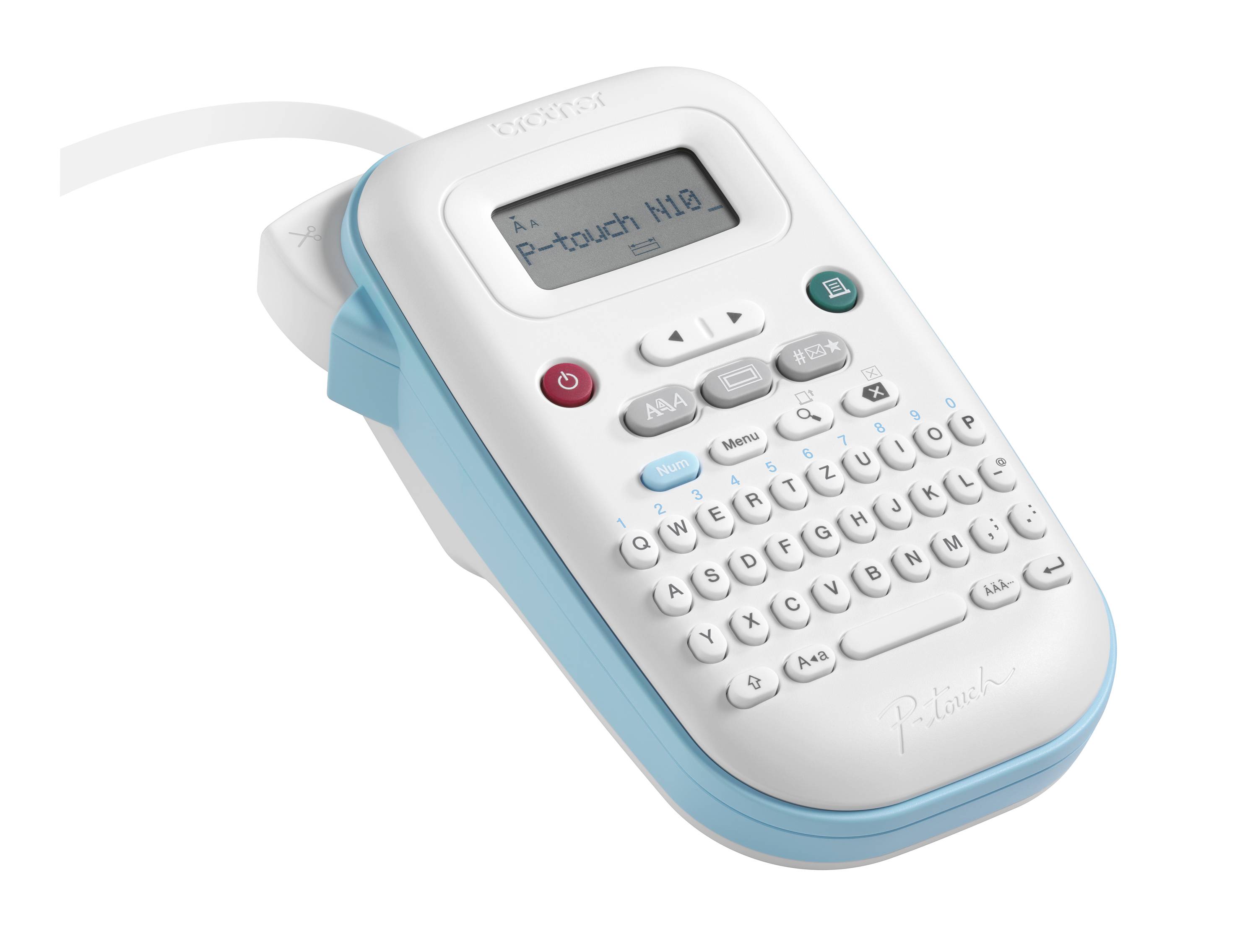 Ein tragbares Beschriftungsgerät mit QWERTZ-Tastatur und LCD-Bildschirm, auf dem 'P-touch H110' angezeigt wird.