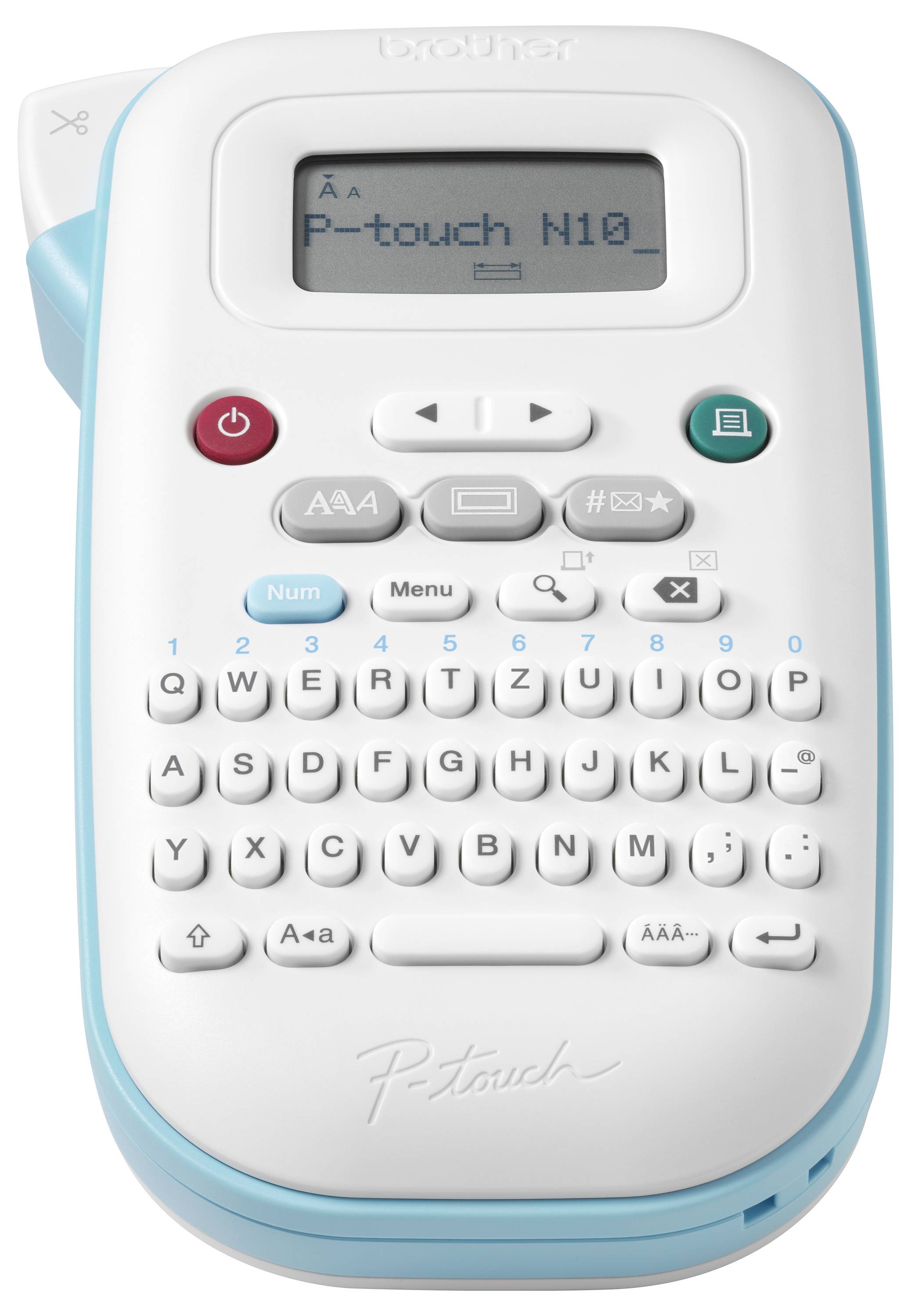 Ein tragbares Beschriftungsgerät mit QWERTZ-Tastatur und Display; Text auf dem Display: 'P-touch N10'. 