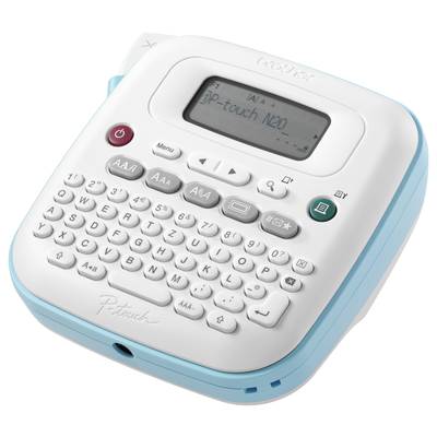 Tragbares Beschriftungsgerät mit vollständiger QWERTZ-Tastatur, Display zur Vorschau von Texten und Funktionstasten für Etikettenerstellung.