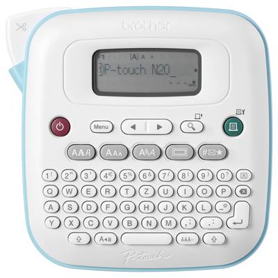 Ein weiß-blauer Etikettendrucker mit Display und Tastatur. Auf dem Bildschirm steht 'P-touch N20'. Tasten zum Vorwärts-, Rückwärts- und Drucken sind sichtbar.