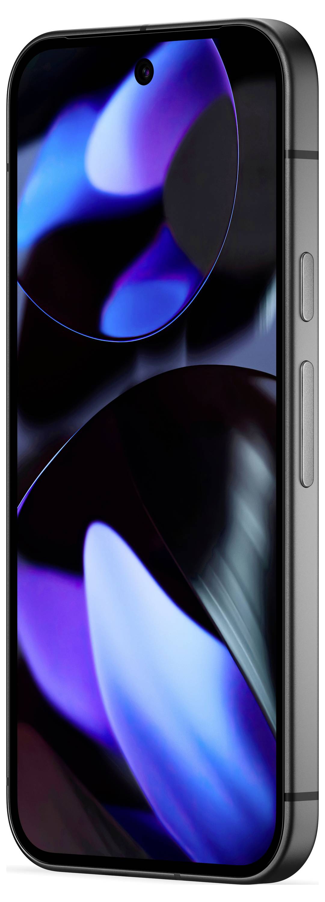 Smartphone mit dunkelgrauem Gehäuse und leuchtendem Bildschirm in Blau- und Lilatönen, seitliche Ansicht der Tasten.