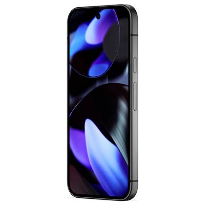 Smartphone mit dunkelgrauem Gehäuse und leuchtendem Bildschirm in Blau- und Lilatönen, seitliche Ansicht der Tasten.