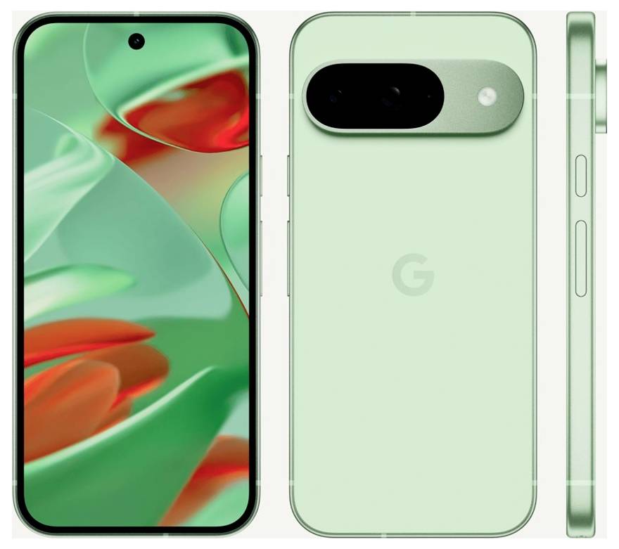 Smartphone in mintgrünem Design, Vorder- und Rückansicht, mit großem Display vorne und Kameramodul hinten. Seitenansicht zeigt Tasten.
