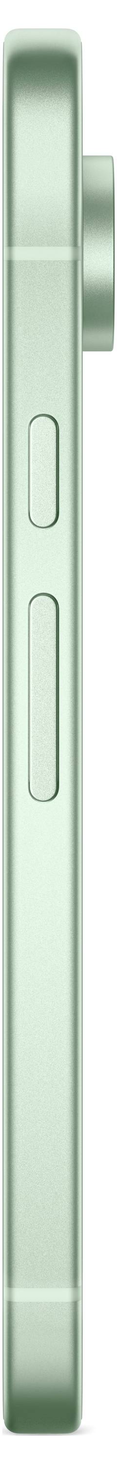 Seitenansicht eines grünen Smartphones, zeigt Lautstärketasten und Kameralinse.