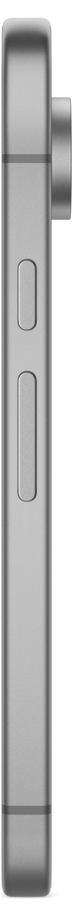 Seitenansicht eines modernen Smartphones in Silber, mit zwei Knöpfen und hervorstehender Kamera auf der rechten Seite sichtbar.