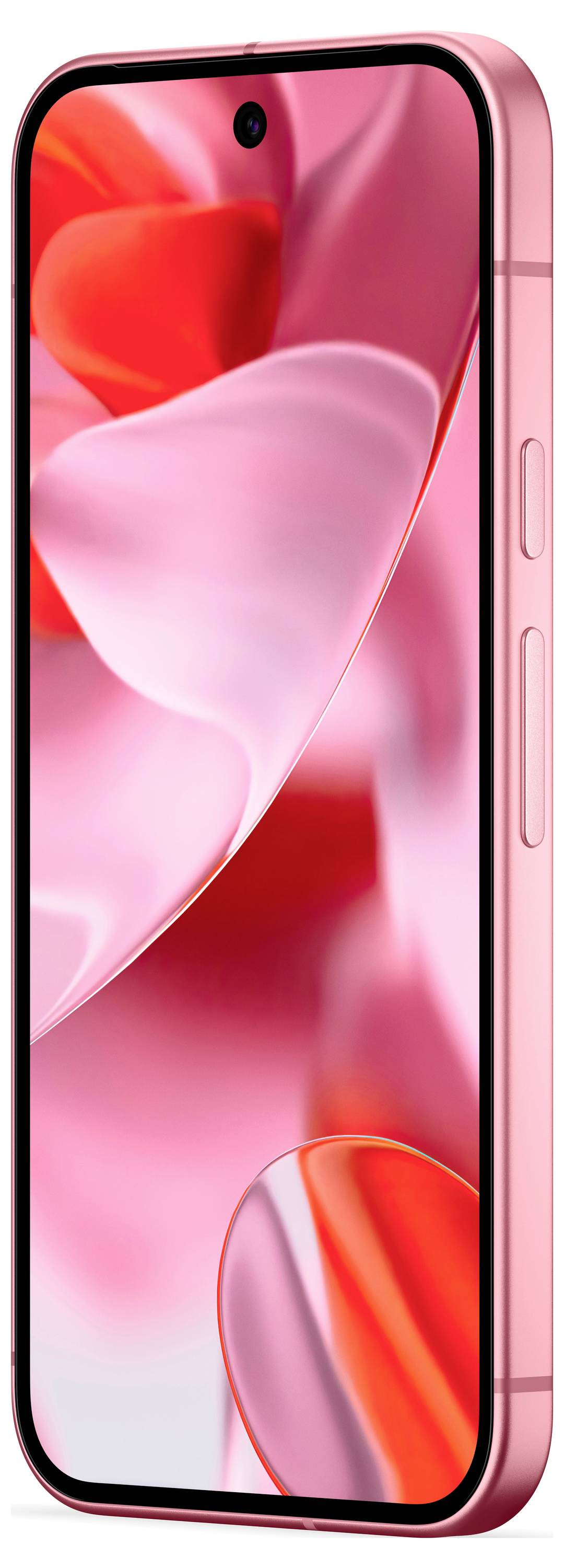 Ein pinkfarbenes Smartphone mit einem Display, das eine abstrakte rosa Blume zeigt. Die Rückseite hat eine ähnliche rosa Farbe.