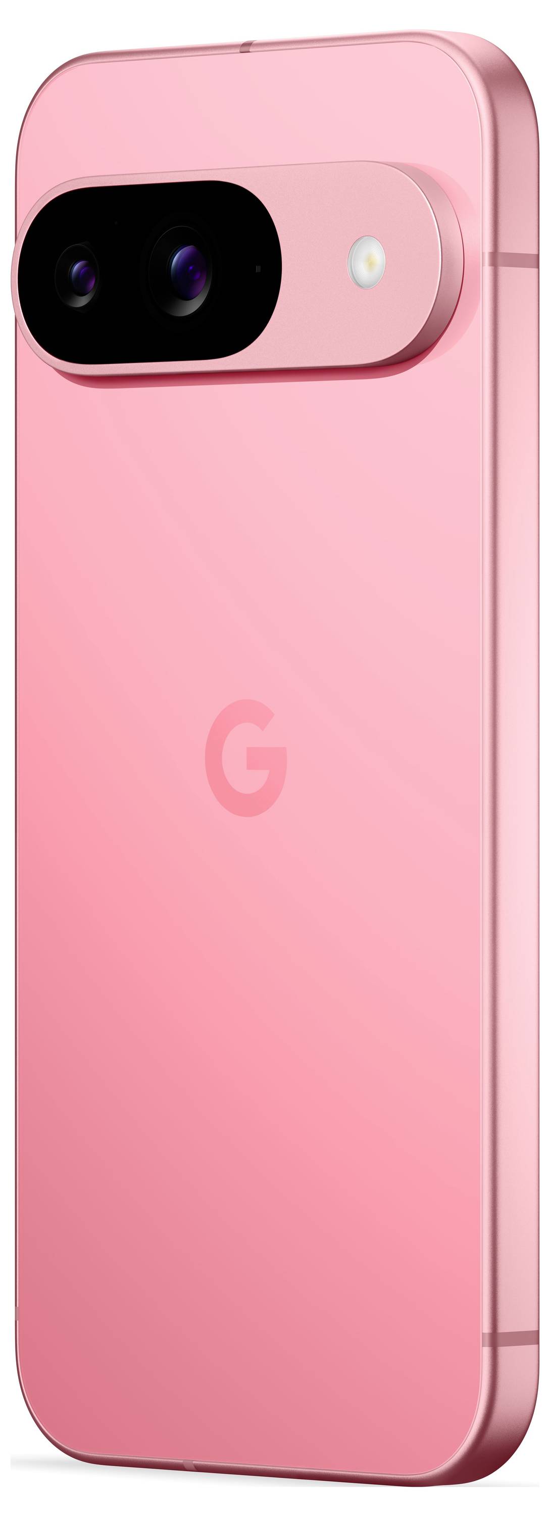 Ein pinkfarbenes Smartphone mit zwei Kameralinsen und einem Blitz auf der Rückseite. Das 'G'-Logo ist in der Mitte sichtbar.