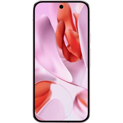 Ein Smartphone mit einem lebhaften, abstrakten Display aus rosafarbenen und roten Formen. Vorderansicht des Geräts.
