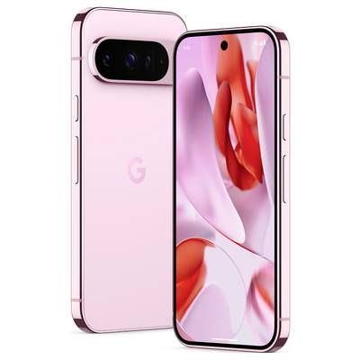 Rosa Smartphones mit einer floralen Bildschirmhintergrund. Vorder- und Rückseite sind abgebildet.