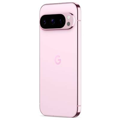 Smartphone in Rosa mit sichtbarer Rückseite, Kamera oben links, Logo in der Mitte. Elegantes, minimalistisches Design.