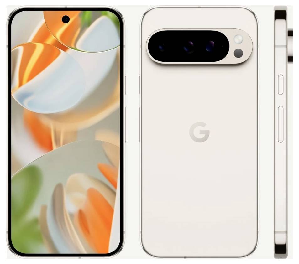 Ein Smartphone in Schräglage zeigt eine bunte Displayansicht und eine Rückseite mit Kameramodul und einem bekannten Firmenlogo.