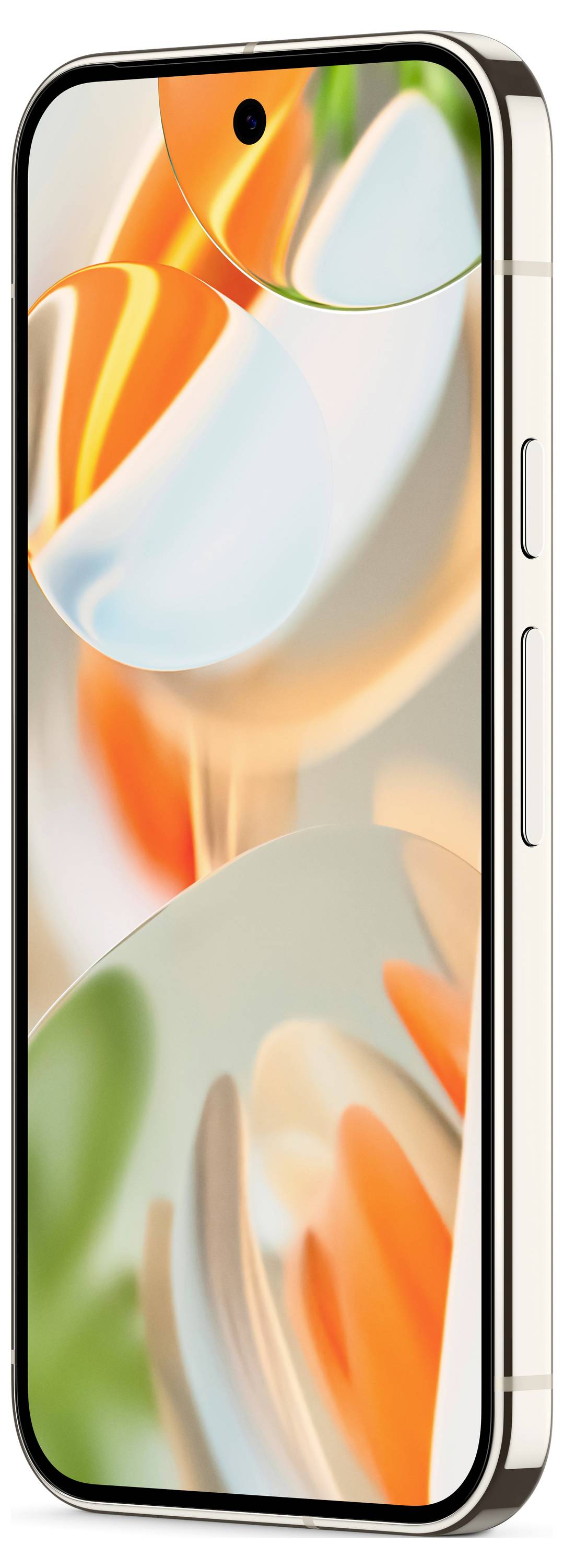 Smartphone mit farbenfrohem, abstraktem Bildschirmhintergrund und seitlichen Lautstärketasten.