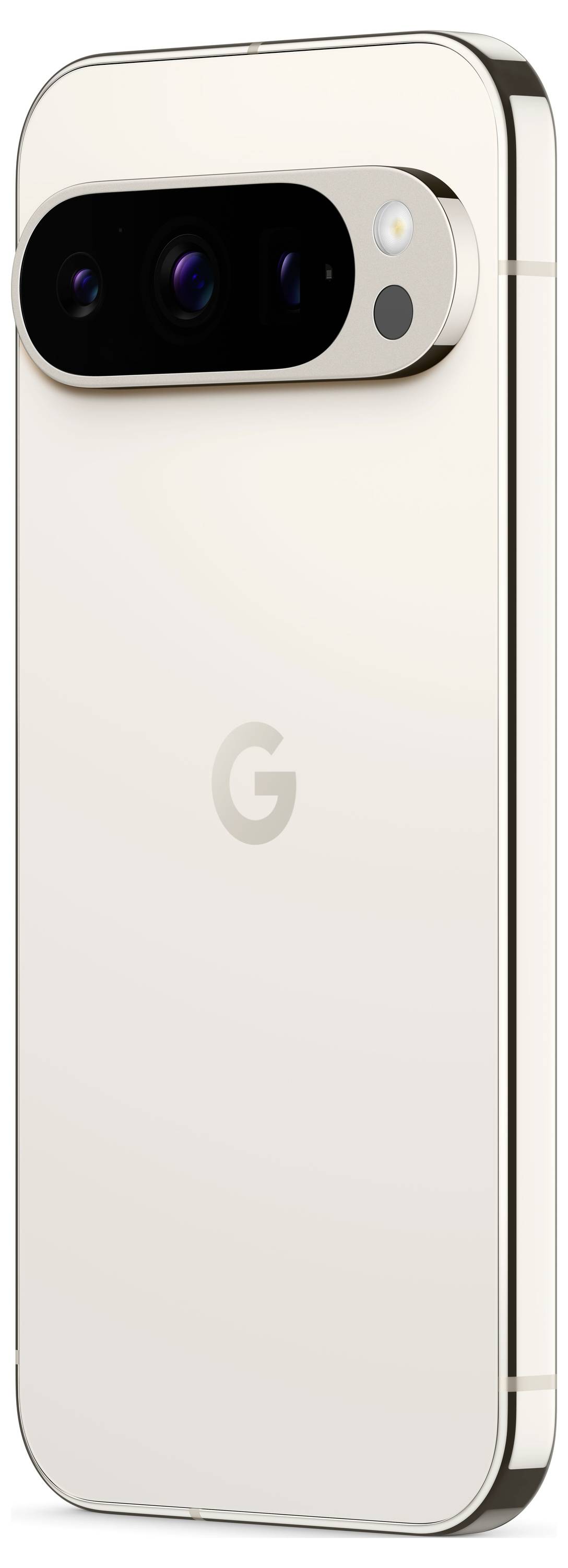 Ein modernes Smartphone mit cremefarbener Rückseite und markanter Kameraeinheit oben. Das 'G'-Logo befindet sich in der Mitte.