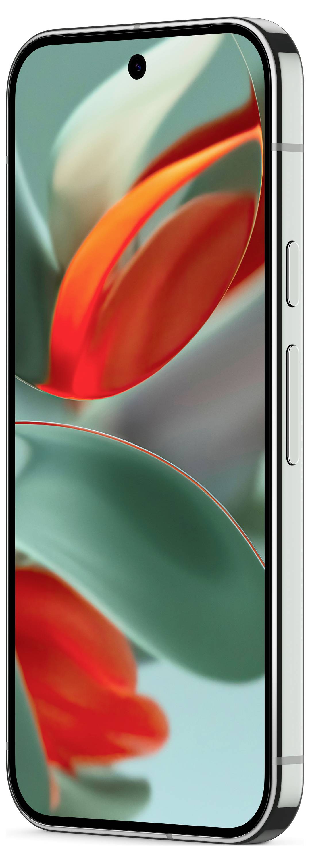 Smartphone mit einem Bildschirm, der ein farbenfrohes, künstlerisches Bild zeigt; hauptsächlich rote und grüne Töne.