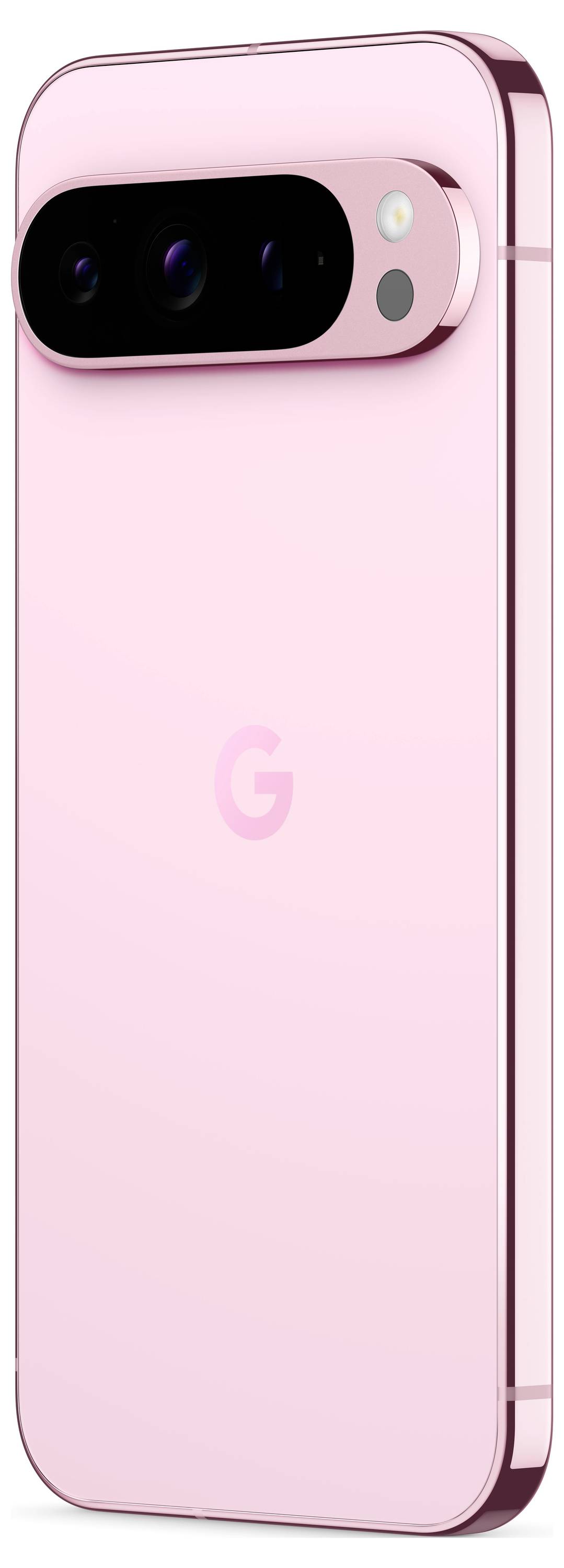 Ein rosa Smartphone mit drei Kameras und einem Blitz auf der Rückseite. Das Gerät hat einen glänzenden Rahmen und ein 'G'-Logo.