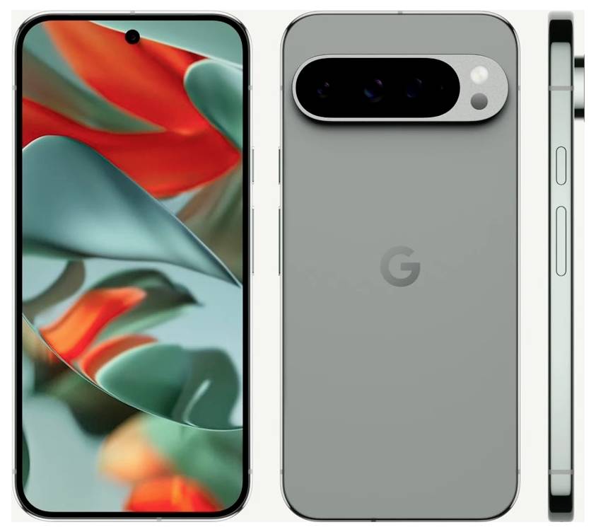 Smartphone mit großem Display, Zoom auf Vorder- und Rückseite. Rückseite mit Kameraleiste und 'G'-Logo. Seitenansicht zeigt Tasten.