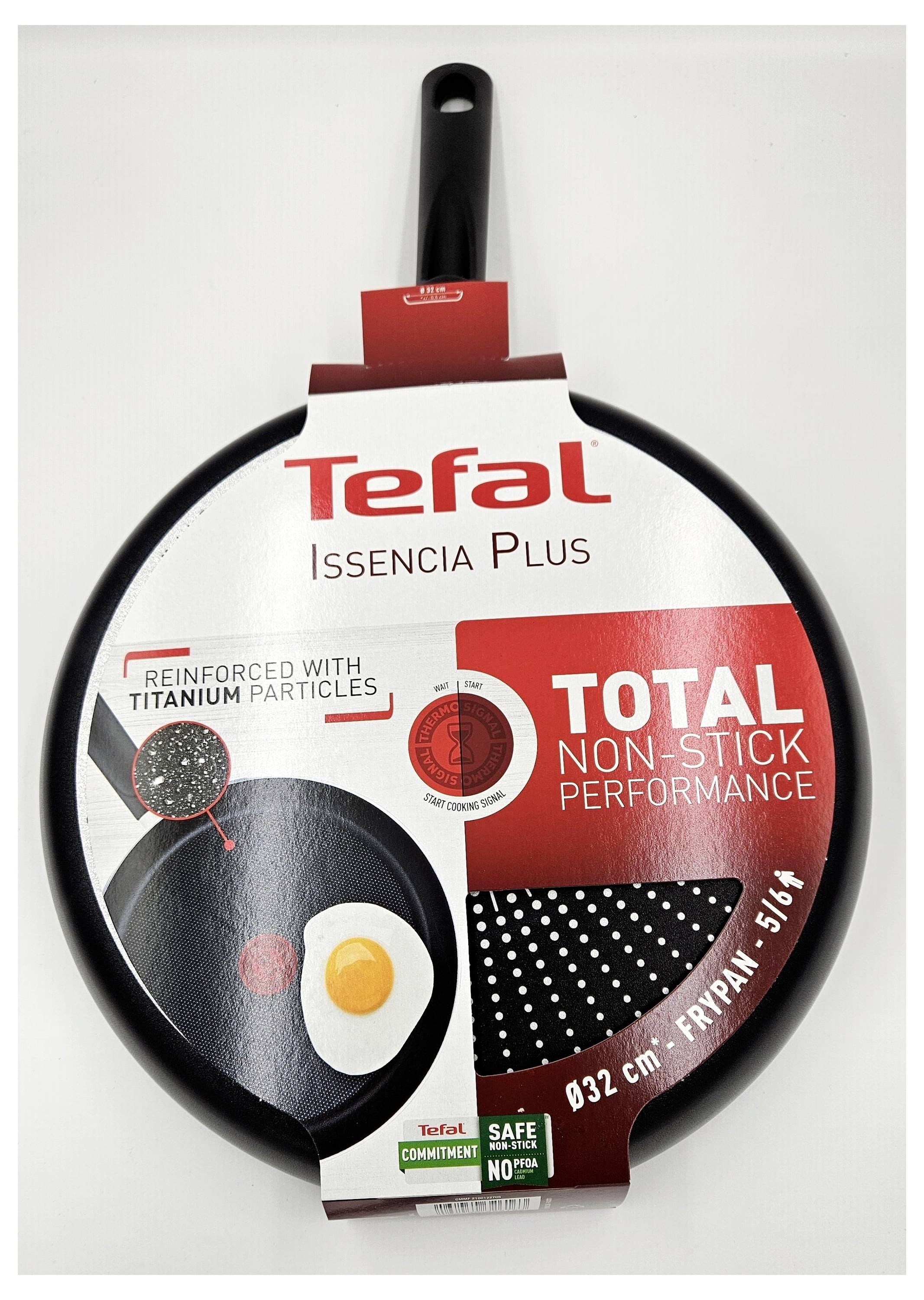 Pfanne 'Tefal Issencia Plus' mit Titanverstärkung, 32 cm, antihaftbeschichtet. Verpackung zeigt Ei und Bratpfanne.