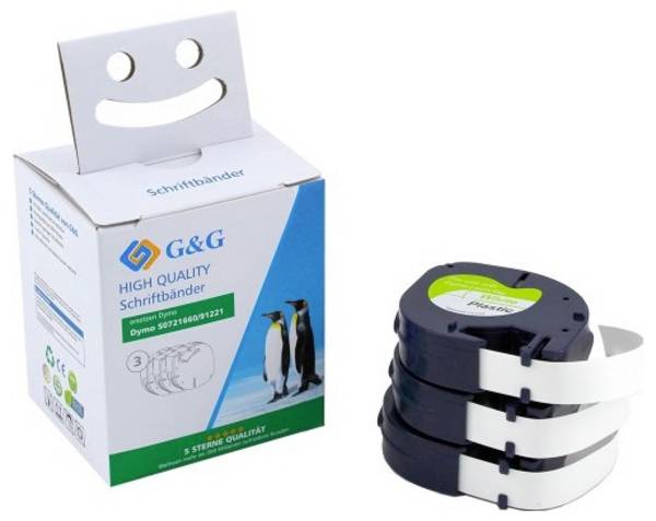 Schriftband 3er Set G&G BM-D-G-91221-3 Kompatibel ersetzt DYMO 91221  Bandfarbe: Weiß Schriftfarbe: Schwarz 12 mm 4 m