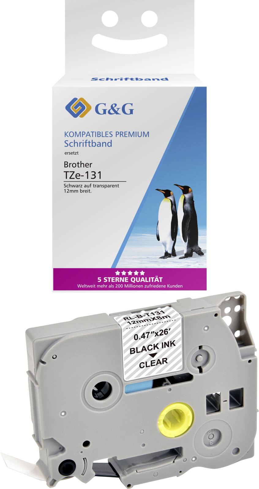 Schriftband G&G BB-B-GG-131 Kompatibel ersetzt Brother TZe-131 Bandfarbe: Transparent Schriftfarbe: Schwarz 12 mm 8 m