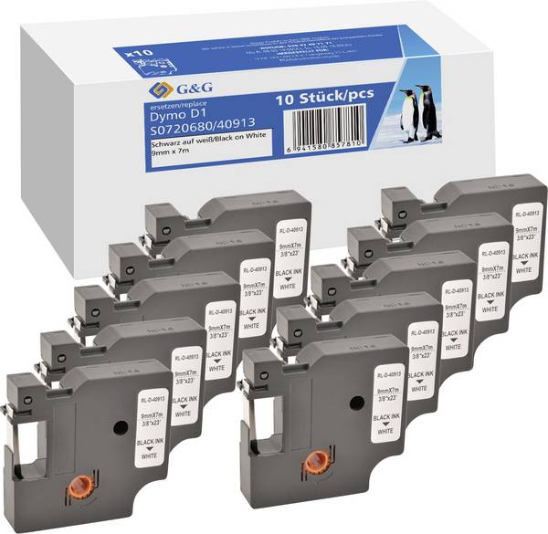 10er Set G&G BB-D-G-D1-40913-10 Kompatibel ersetzt DYMO 40913 Kunststoff Bandfarbe: Weiß Schriftfarbe: Schwarz 9 mm 7 m