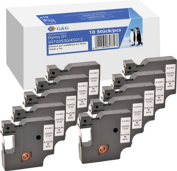 10er Set G&G BB-D-G-45013-10 Kompatibel ersetzt DYMO 45013 Kunststoff Bandfarbe: Weiß Schriftfarbe: Schwarz 12 mm 7 m