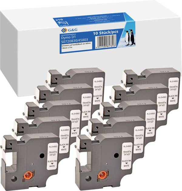 10er Set G&G BB-D-G-D1-45803-10 Kompatibel ersetzt DYMO 45803  Bandfarbe: Weiß Schriftfarbe: Schwarz 19 mm 7 m
