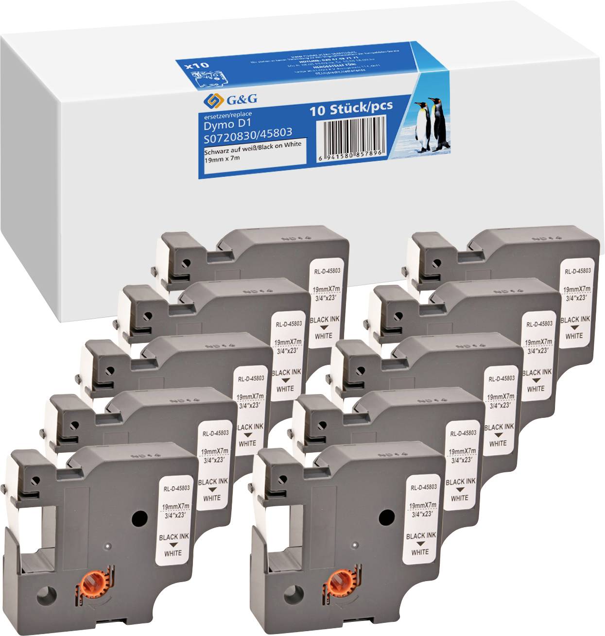 G&G 10er Set BB-D-G-D1-45803-10 Kompatibel ersetzt DYMO 45803 Bandfarbe: Weiß Schriftfarbe: Schwarz 19mm 7m
