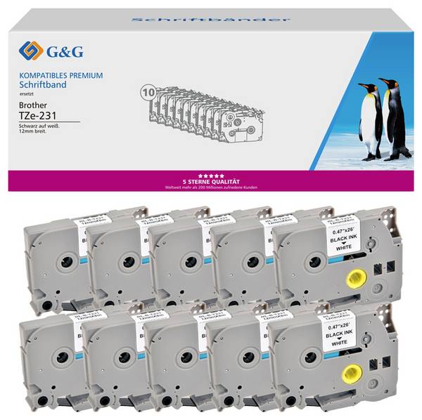 10er Set G&G 5T231-10TD Kompatibel ersetzt Brother TZe-231  Bandfarbe: Weiß Schriftfarbe: Schwarz 12 mm 8 m