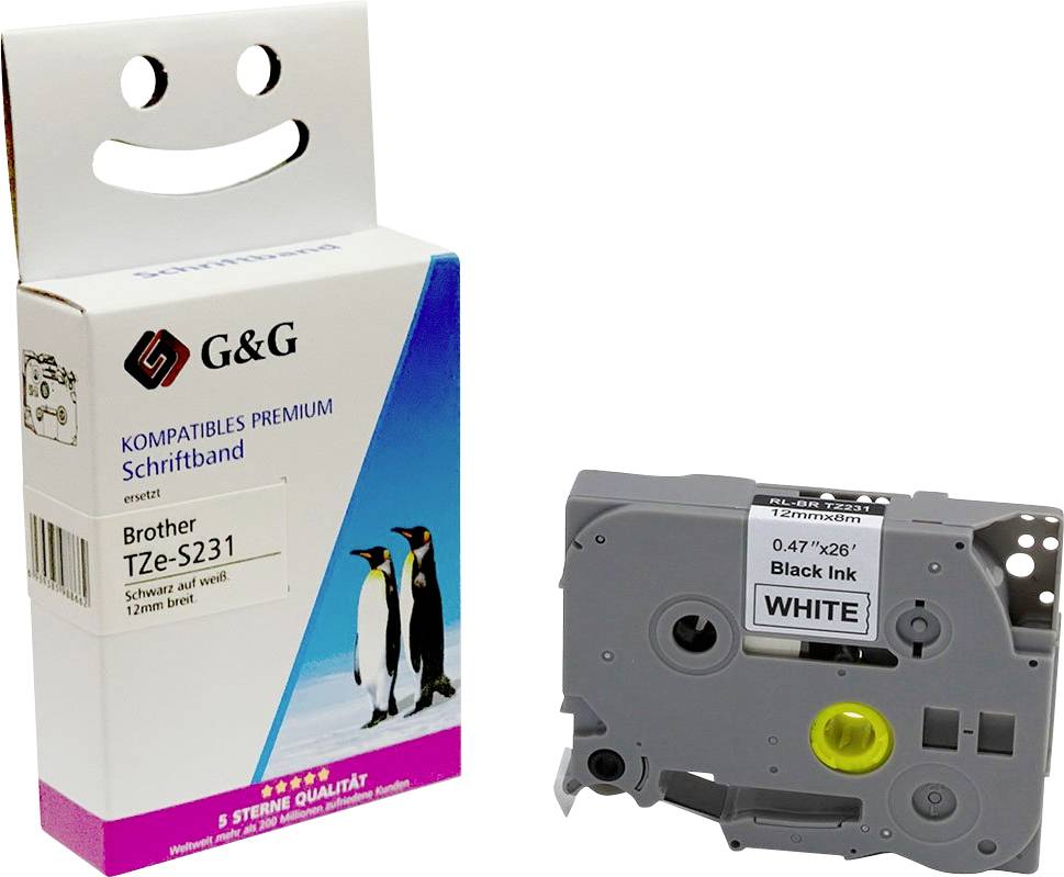 G&G 5BRTS231-TD Kompatibel ersetzt Brother TZe-S231 Bandfarbe: Weiß Schriftfarbe: Schwarz 12mm 8m