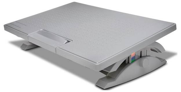 Ergonomische graue Fußstütze mit verstellbarer Höhe und Neigung, für verbesserten Komfort bei der Arbeit im Sitzen.