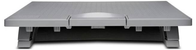 Grauer Laptopständer mit rutschfesten Gummifüßen und belüfteter Oberfläche, geeignet zur ergonomischen Positionierung von Laptops.