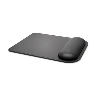 Schwarzes Mauspads mit integrierter Handgelenkstütze aus ergonomischem Material. Ideal für komfortable Computernutzung.