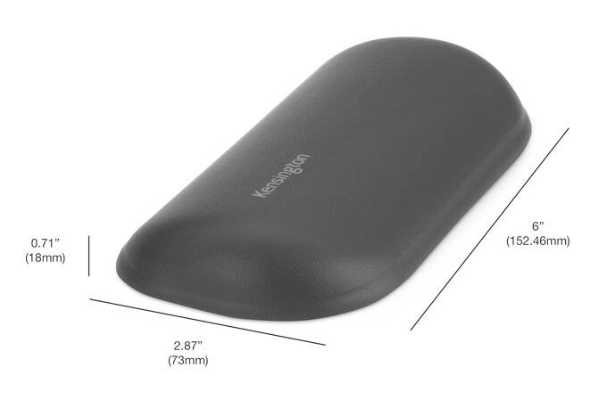 Gepolsterte schwarze Handgelenkauflage für ergonomische Unterstützung. Abmessungen sind 0,71" x 2,87" x 6" (18 x 73 x 152,46 mm).