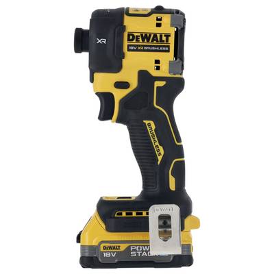 Ein gelber und schwarzer Akku-Bohrschrauber der Marke DEWALT, mit 18V Leistung und bürstenlosem Motor.