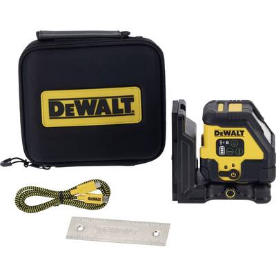 Laser-Nivelliergerät-Set: schwarzer 'DeWalt'-Koffer, gelbes Laser/Empfänger-Gerät mit Halterung, Lineal und gelbes Band enthalten.