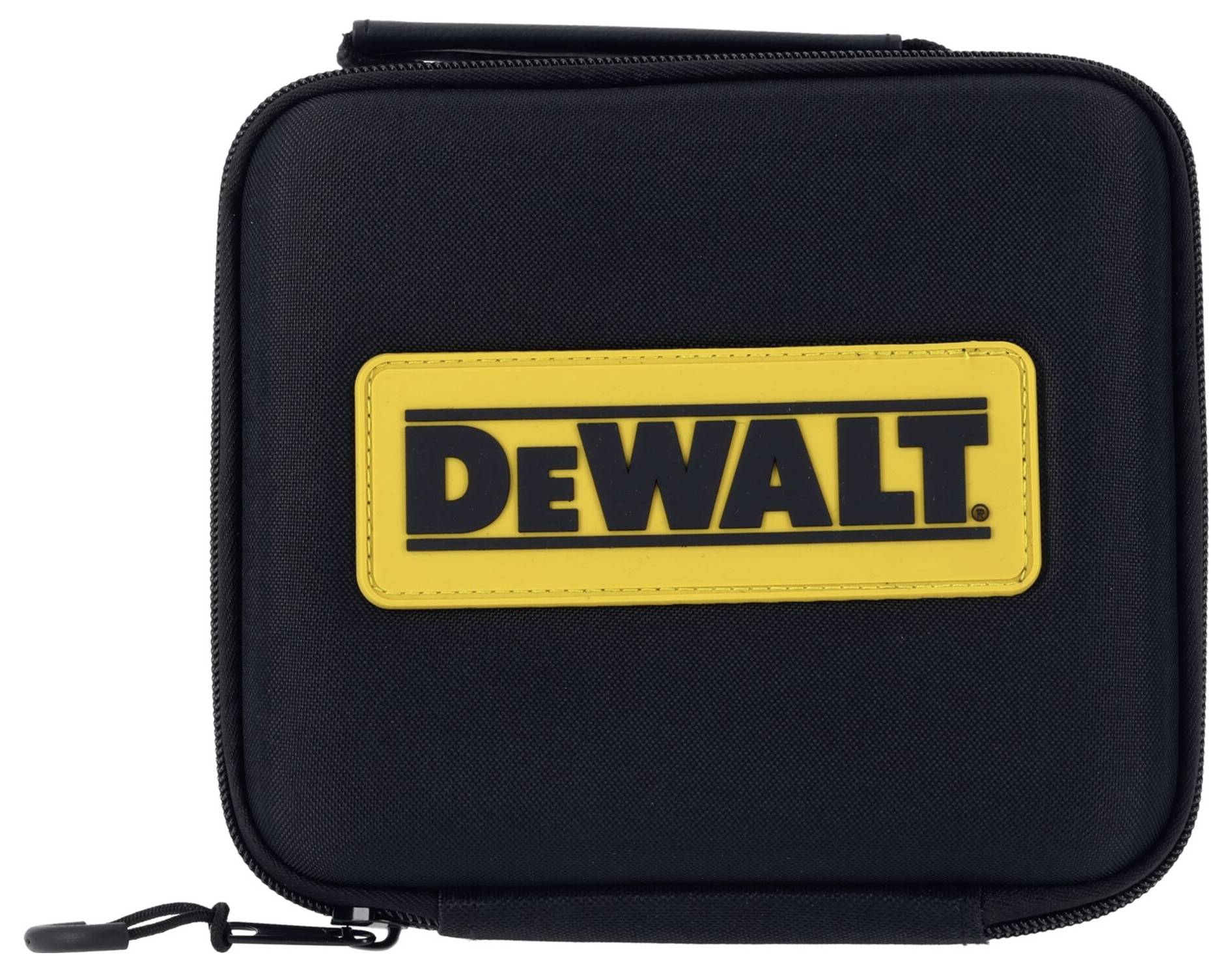Schwarzes Etui mit gelbem 'DEWALT'-Logo auf der Vorderseite, Reißverschluss an der Seite.